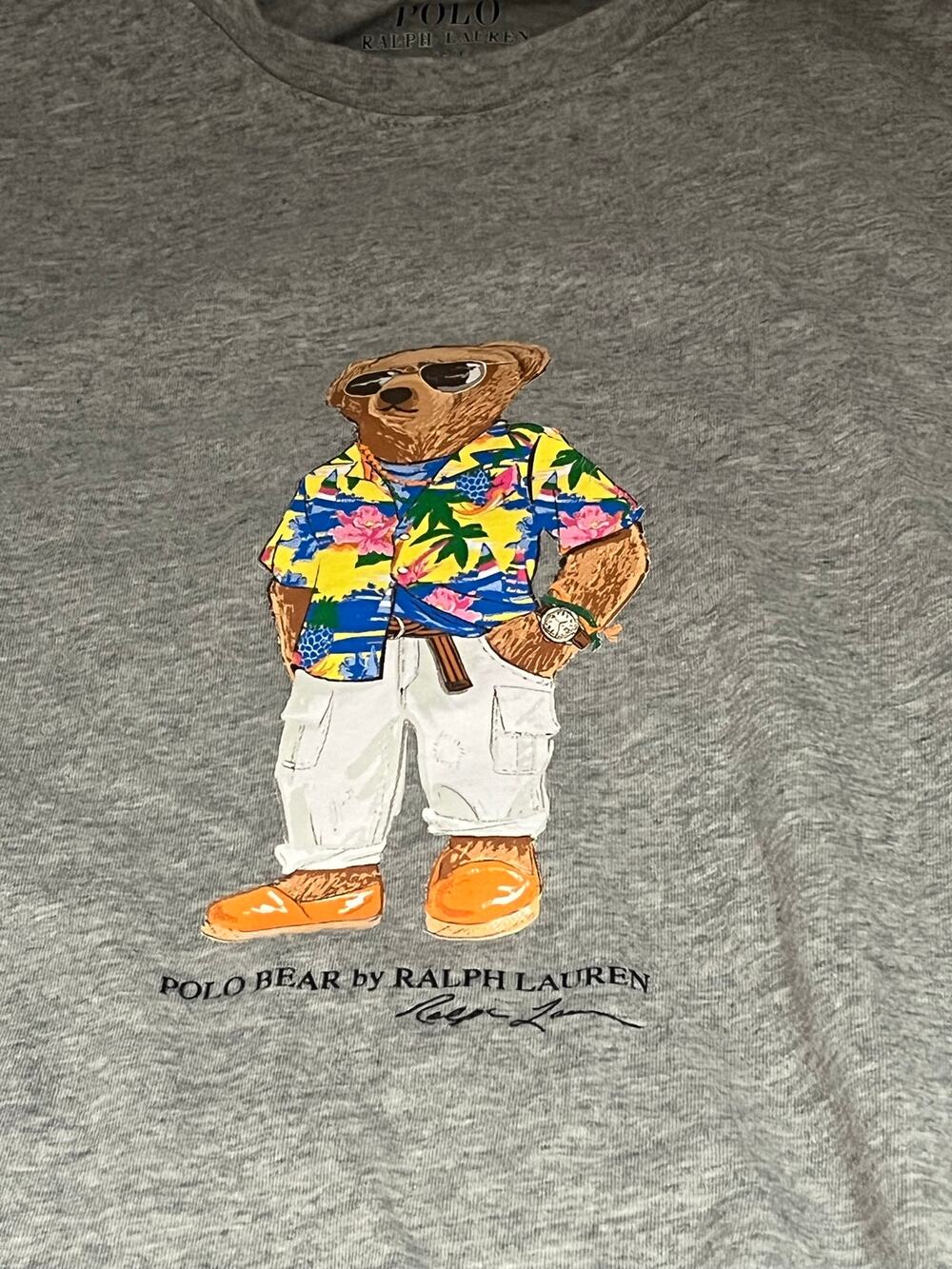 Men's Polo Ralph Lauren Gray Short Sleeve Graphic Tee Sze L Hawaiian Polo Bear